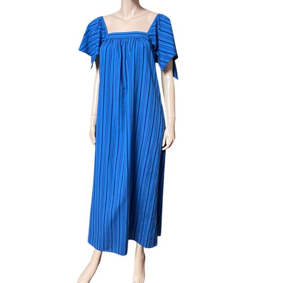 Vanessa Bruno Midi Blue Dress XS Short Sleeves Smocked Back Piece 100% Cotton